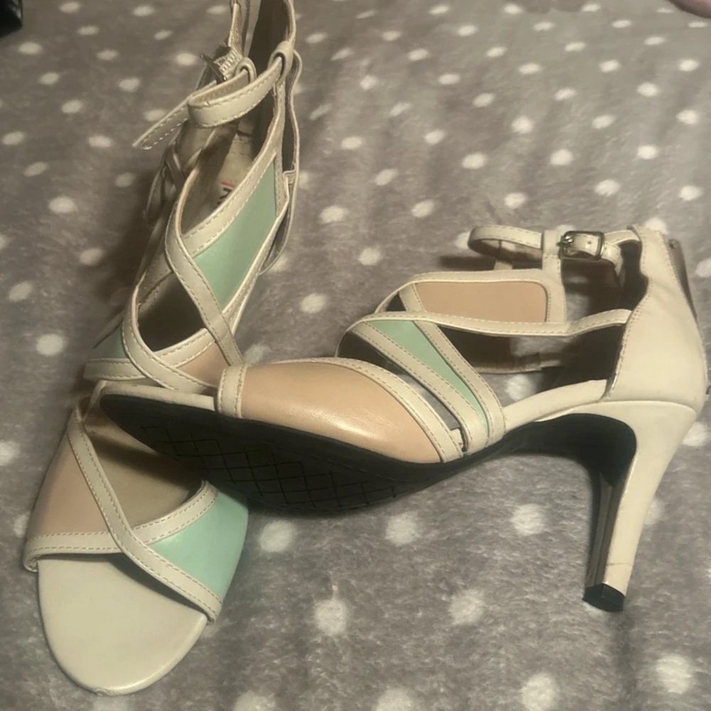 Women's Strappy Mid-Heel Sandals in Cream, Beige & Mint